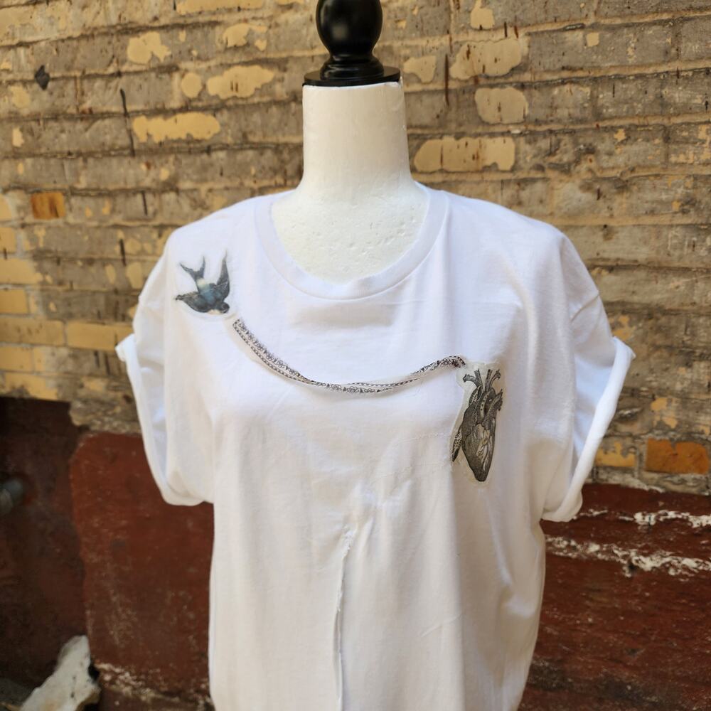 White t-shirt reworked, bird and heart handmade applique, summer vibe